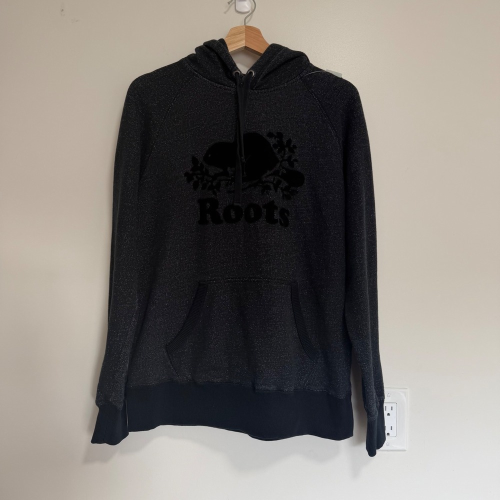 Roots Metallic Salt Pepper Logo Hoodie Womens Small Charcoal Sparkle Pullover